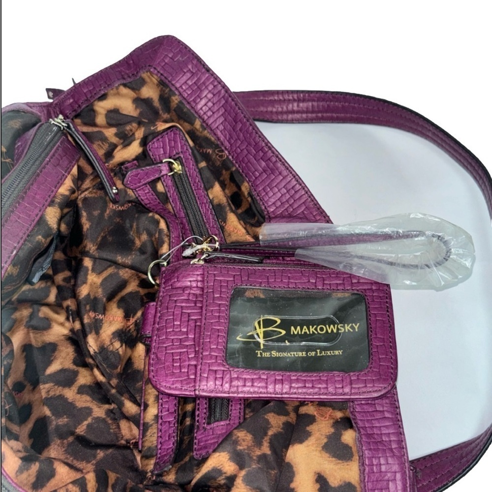 B. Makowsky Plum Embossed Leather Shoulder Bag Large Tote Leopard Lining - Picture 5 of 14